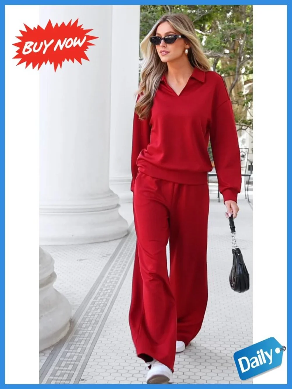 Womens 2 Piece Sweatsuits Polo Collar Top Wide Leg Pants Matching Lounge Set